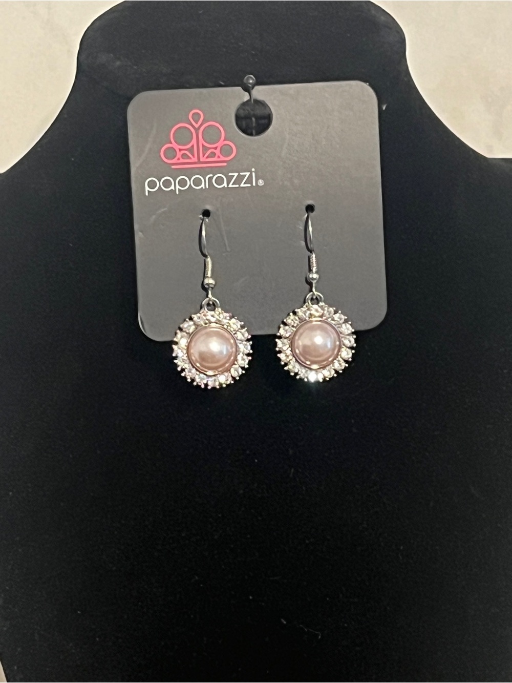 Paparazzi Pink Pearl & Rhinestone Halo Drop Earrings
